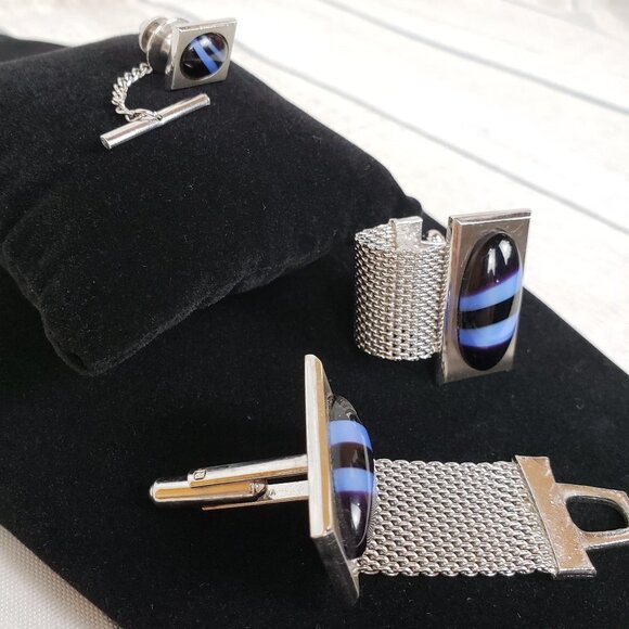 HICKOK Wrap Around Cuff Link Set Silver Blue - Picture 7 of 8